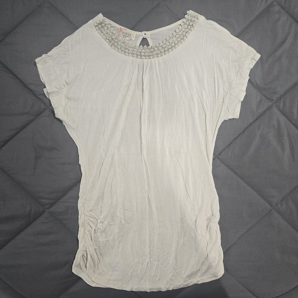 Chic White Women's Blouse with Beaded Neckline
